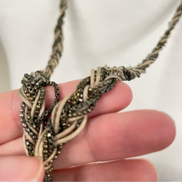 Braided Sliver Tone & Leather Long Necklace With Twist Boho - Picture 3 of 6